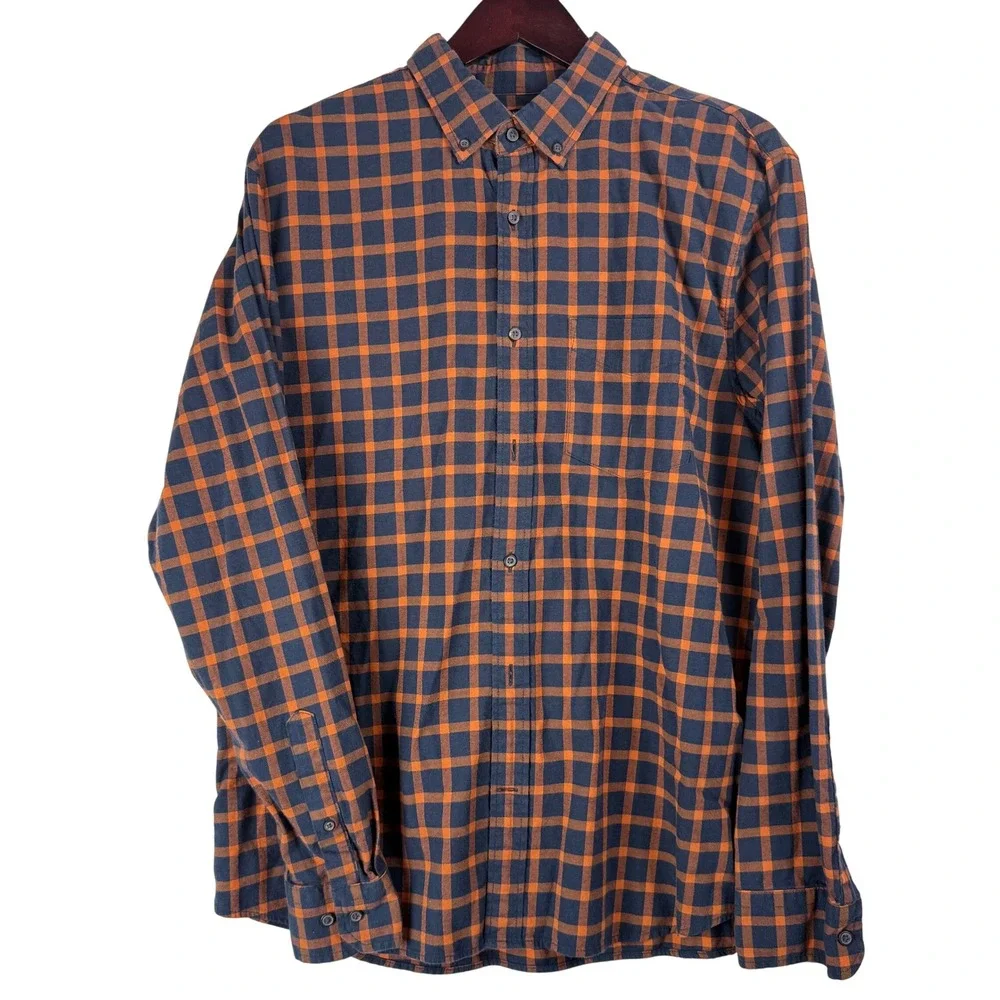 Banana Republic Mens XL Luxe Flannel Shirt Navy Orange Check Untucked Slim‎ Fit